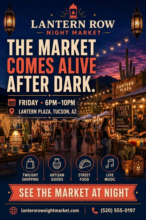 Flyer for Lantern Row Night Market featuring a vibrant photo of an outdoor market at twilight with string lights, vendors, and crowds. Text reads 'The Market Comes Alive After Dark' with event details and icons for shopping, goods, food, and music.