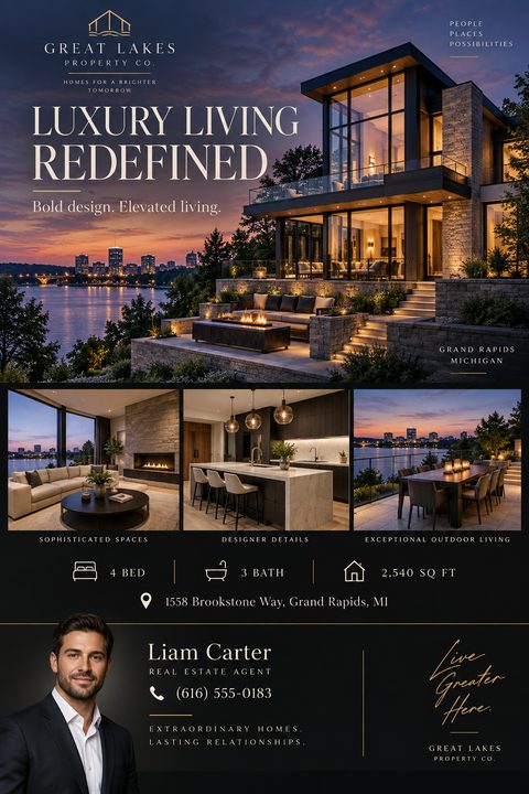 A dark-themed luxury real estate flyer featuring a large twilight photo of a modern waterfront home, three smaller interior and exterior photos, property details, and an agent headshot.