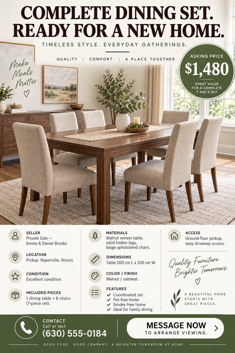 Flyer for a complete dining set for sale. Features a large photo of a wooden table with six beige upholstered chairs in a bright room. Includes a green price badge, detailed specifications in a grid, and contact information at the bottom.