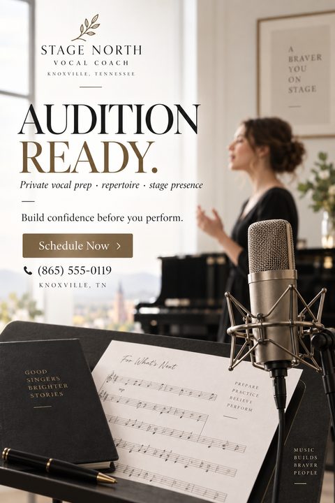 A flyer for a vocal coach featuring a large studio microphone and sheet music in the foreground, with a blurred woman singing near a piano in the background. Elegant serif text reads 'Audition Ready'.
