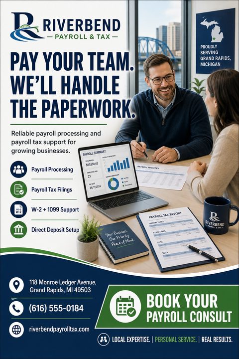 A professional flyer for payroll and tax services featuring a navy and green color scheme. It shows a man and woman reviewing a payroll summary on a laptop, alongside a list of services.