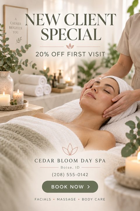 A flyer for a day spa with a photo of a woman receiving a facial massage. Text reads 'New Client Special, 20% off first visit'.