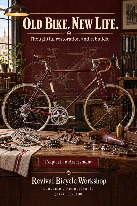 A vintage-style flyer for a bicycle workshop. A classic maroon road bike stands behind a wooden workbench covered in shiny metal bike parts and a leather saddle. Text reads 'Old Bike. New Life. Thoughtful restoration and rebuilds.'