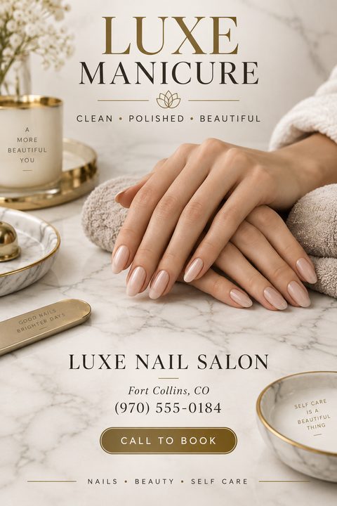 A flyer for a nail salon featuring a close-up of hands with a fresh manicure resting on a towel, set against a marble background with gold accents and text promoting Luxe Manicure.