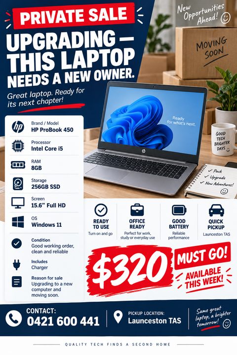 Flyer for a private sale of a laptop. Features a large photo of a laptop on a desk with moving boxes, a detailed list of specifications, a large price tag of $320, and contact information.
