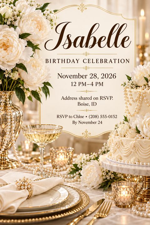 Elegant birthday invitation flyer featuring a luxurious table setting with white peonies in a gold vase, a pearl-decorated tiered cake, champagne, gold cutlery, and lit candles around a central text box.