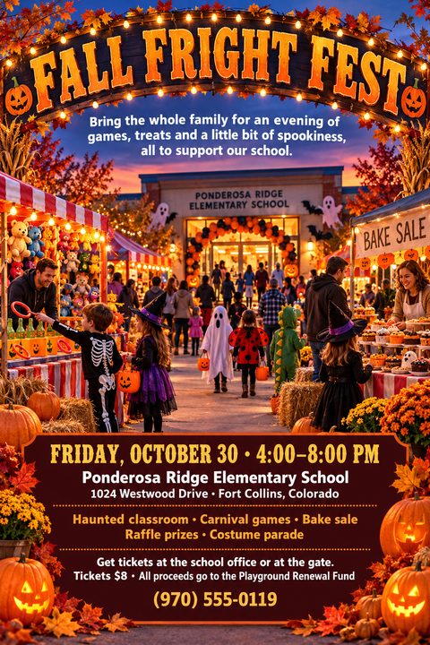 A vibrant illustration of a school fall festival at twilight. Children in Halloween costumes play carnival games and visit a bake sale booth under an arched sign, surrounded by glowing jack-o'-lanterns and autumn leaves.