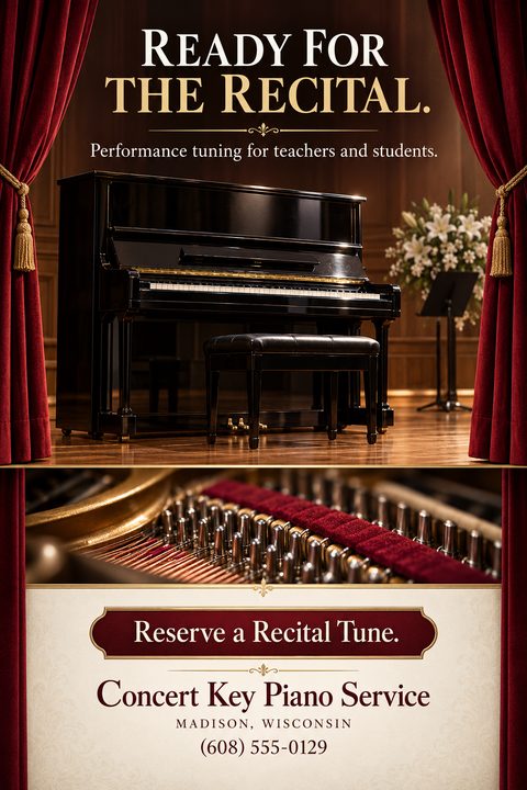 Flyer for piano tuning services. Top half shows a black upright piano on a wooden stage framed by red curtains. Bottom half shows a close-up of piano strings and tuning pins above a cream section with contact details.