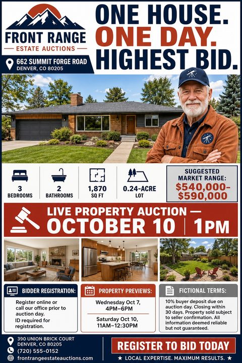 Real estate auction flyer with bold text 'ONE HOUSE. ONE DAY. HIGHEST BID.', a photo of a house and an auctioneer, property details, auction date, and registration info.