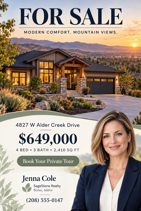 Real estate for sale flyer featuring a large photo of a modern house at sunset, wavy sage green borders, property details, price, and a real estate agent's headshot on a cream background.
