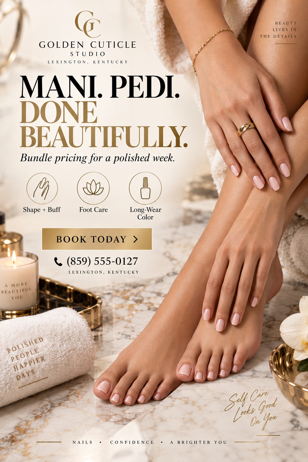 A flyer for a nail salon featuring a woman's hands and feet with a fresh manicure and pedicure resting on a marble surface. The text reads 'Mani. Pedi. Done Beautifully. Bundle pricing for a polished week.' with gold accents and icons for shape +.