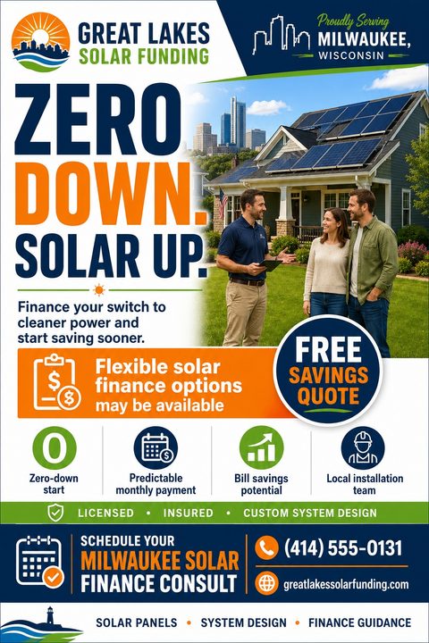 Flyer template for solar financing featuring a large headline 'Zero Down. Solar Up.' and a photo of a solar representative talking to a couple in front of a house with solar panels.