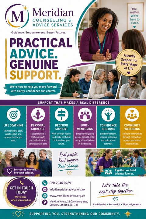 A flyer for counseling and advice services featuring a large headline 'Practical Advice. Genuine Support.' above a grid of colorful boxes detailing services like life coaching, personal guidance, and youth mentoring, alongside photos of diverse.
