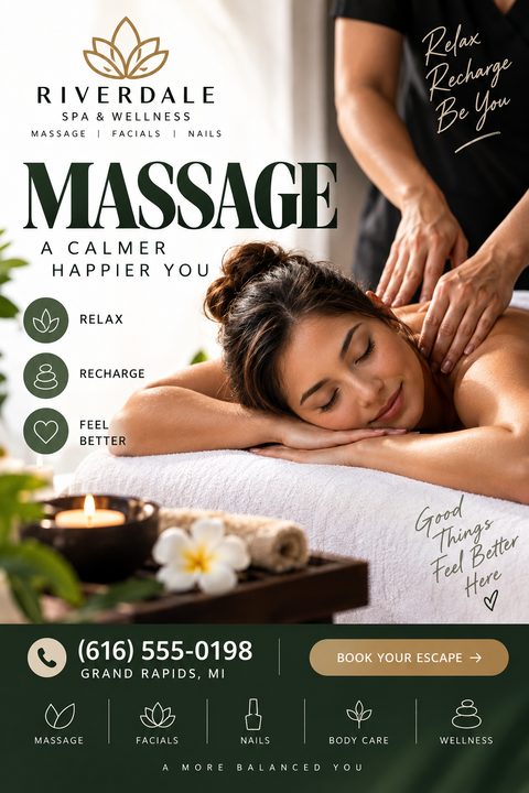 A spa and wellness flyer featuring a woman receiving a back massage. The design uses a dark green and gold color palette with elegant typography, listing services like massage, facials, and nails.