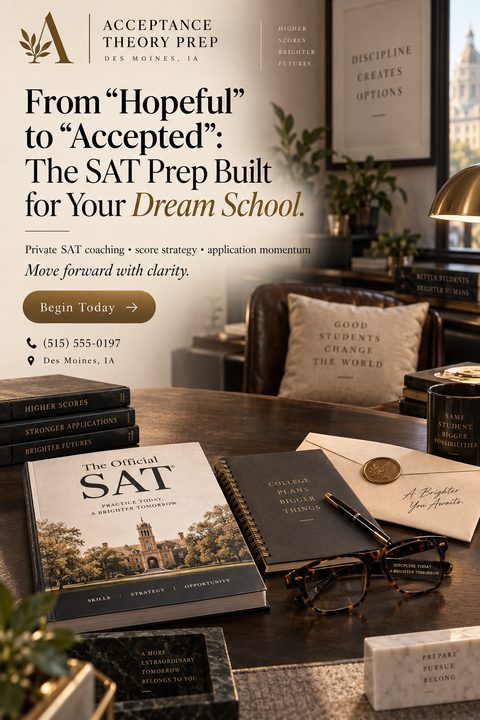 An elegant SAT prep flyer featuring a dark wooden desk with an SAT practice book, notebook, glasses, and a wax-sealed envelope. The text promotes private coaching and score strategy.