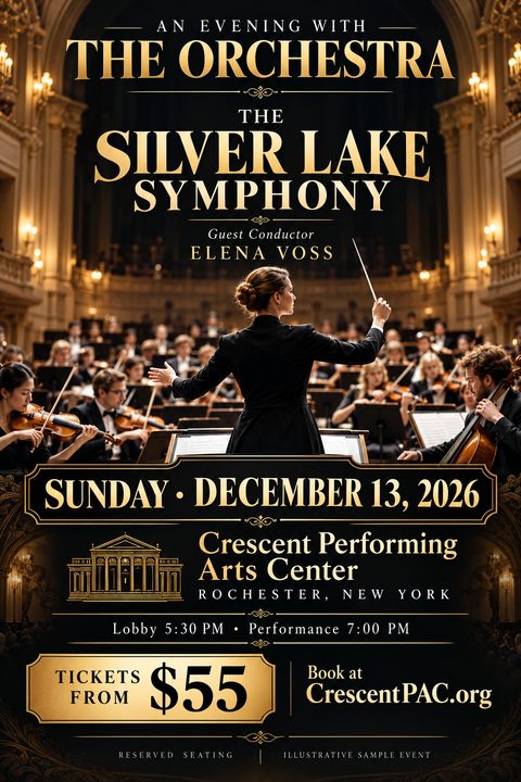 A flyer for a symphony orchestra concert featuring a female conductor leading an orchestra in a grand concert hall. The text is in elegant gold typography on a dark background.