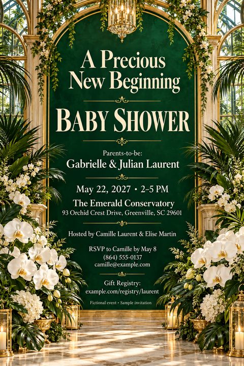 A baby shower invitation flyer with a dark green background, framed by an ornate gold archway and lush arrangements of white orchids and green foliage. The text is in elegant white and gold serif fonts.