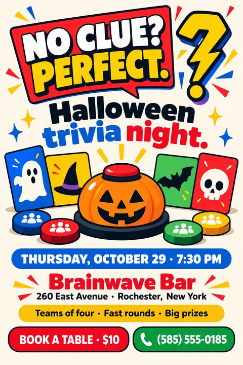 Comic book style flyer for a Halloween trivia night featuring a jack-o'-lantern game buzzer, colorful trivia cards with spooky icons, and bold red, yellow, and blue text.