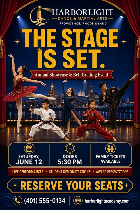 A theatrical flyer for a dance and martial arts showcase featuring a stage with red curtains, a city skyline backdrop, and performers in ballet and martial arts poses. Text is yellow and white on navy.