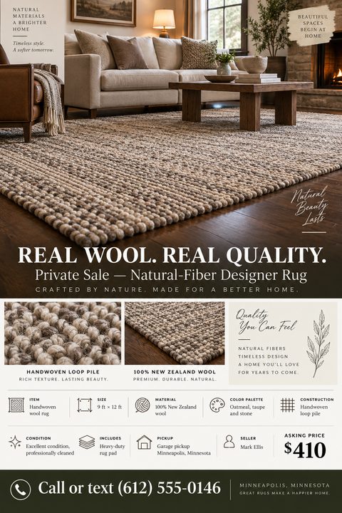 Flyer for a private sale of a natural-fiber designer rug. Features a large photo of a textured wool rug in a living room, two close-up photos of the weave, and a grid detailing item specs like size, material, condition, and asking price.
