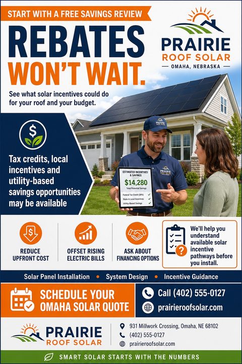 Flyer template for a solar company promoting rebates and savings reviews, featuring a photo of a solar installer showing a tablet to a homeowner in front of a house with solar panels.