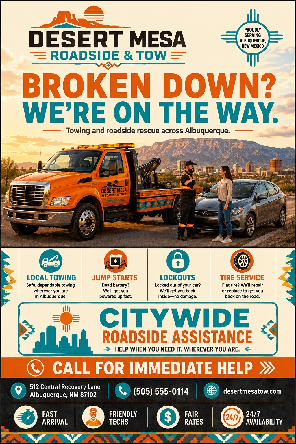 A towing service flyer featuring a bright orange tow truck, a driver helping a customer, Southwestern geometric patterns, teal and orange text, and icons for jump starts, lockouts, and tire service.