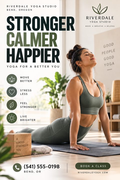 A flyer for a yoga studio featuring a woman doing an upward-facing dog pose on a yoga mat in a bright studio. The text reads 'Stronger Calmer Happier' and lists benefits like 'Move Better' and 'Stress Less'.