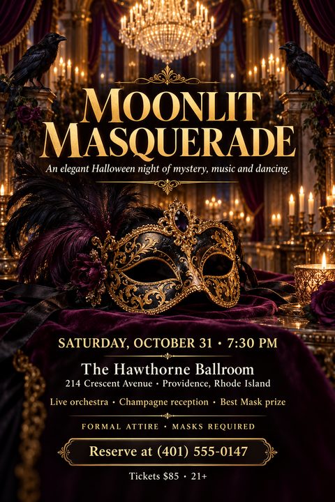 A luxurious masquerade mask with black feathers and gold detailing rests on deep purple velvet in a candlelit ballroom. Text reads 'Moonlit Masquerade' with event details.