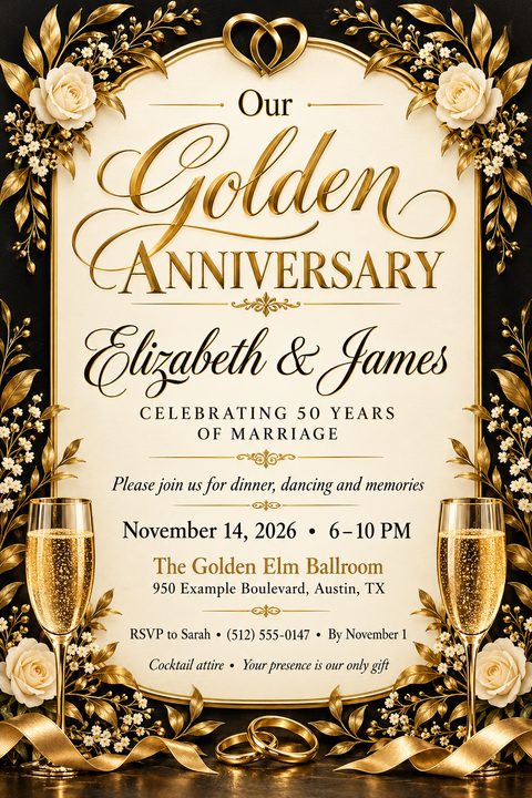 Elegant anniversary invitation flyer with a cream center panel surrounded by an ornate black border with gold leaves, white roses, and two champagne glasses. The text reads 'Our Golden Anniversary, Elizabeth & James, Celebrating 50 Years of.