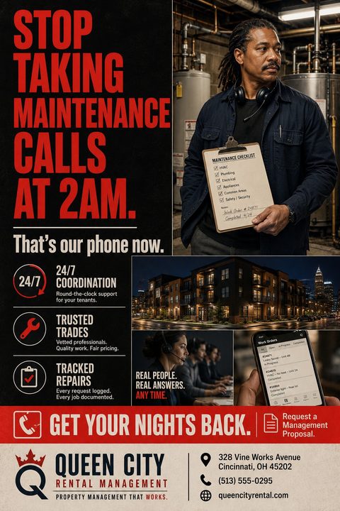 Property management flyer with bold red text 'STOP TAKING MAINTENANCE CALLS AT 2AM'. Features photos of a maintenance worker, an apartment building at night, a call center, and a phone app.