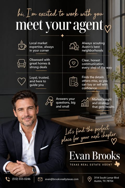 A real estate agent introduction flyer with a dark background and gold text. It features a large photo of a male agent, a grid of icons highlighting his skills, and his contact information at the bottom.