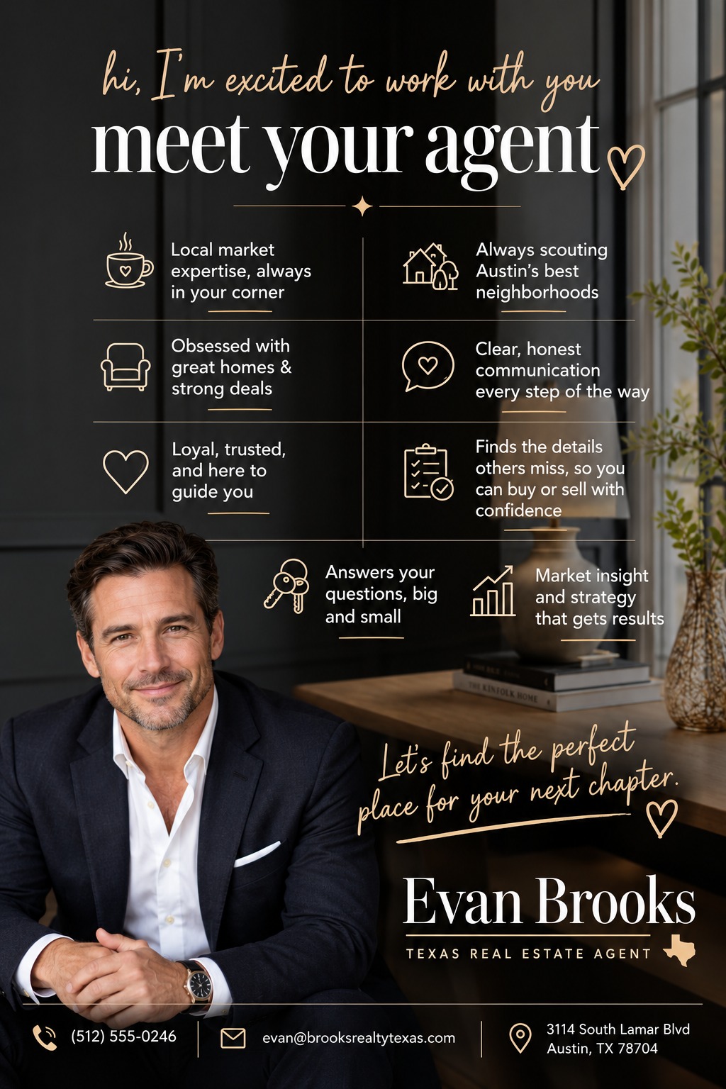 A real estate agent introduction flyer with a dark background and gold text. It features a large photo of a male agent, a grid of icons highlighting his skills, and his contact information at the bottom.