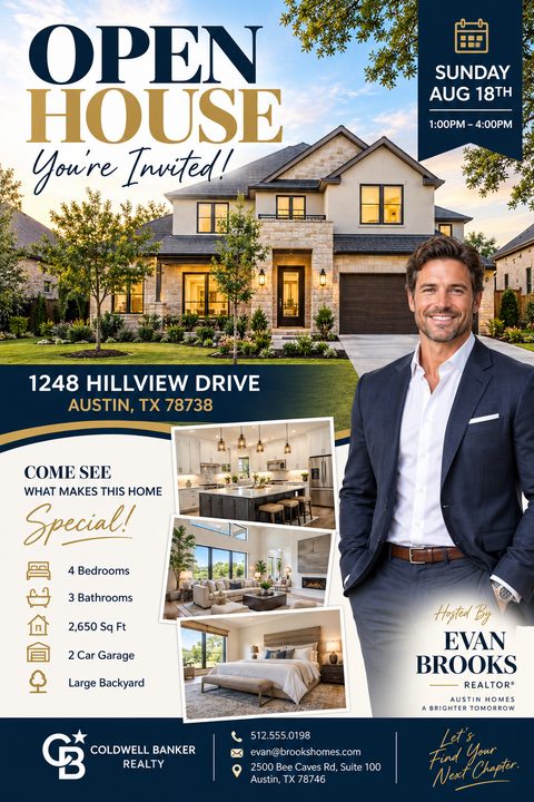 Real estate open house flyer template with a large photo of a house, three smaller interior photos, a realtor's portrait, and property details in navy and gold.