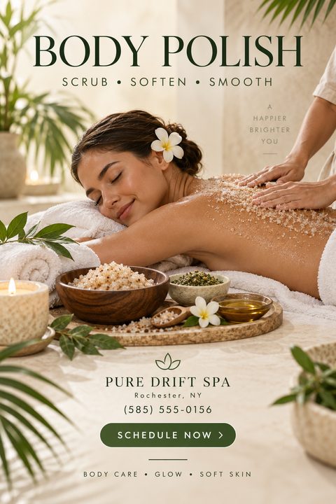 A relaxing spa flyer featuring a woman receiving a back body scrub. Wooden bowls of salt scrub, candles, and green leaves sit in the foreground. Text is dark green over a warm beige background.