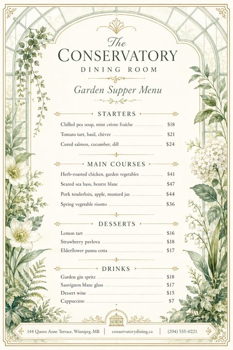 An elegant restaurant menu flyer featuring a vintage green conservatory window frame surrounded by lush watercolor botanical illustrations of white flowers, ferns, and leaves on a cream background.