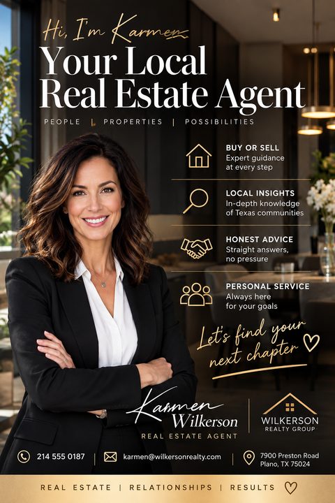 Real estate agent introduction flyer with a large photo of a woman in a suit, gold text reading 'Hi, I'm Karmen, Your Local Real Estate Agent', and icons listing services like 'Buy or Sell' and 'Local Insights'.