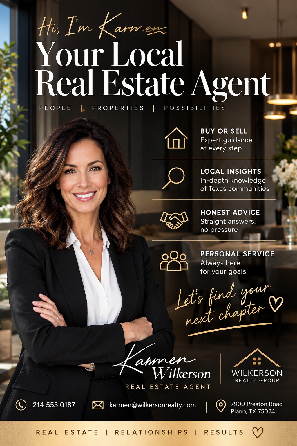 Real estate agent introduction flyer with a large photo of a woman in a suit, gold text reading 'Hi, I'm Karmen, Your Local Real Estate Agent', and icons listing services like 'Buy or Sell' and 'Local Insights'.