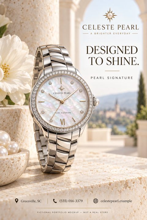 A luxury silver watch with a mother-of-pearl dial rests on a textured stone surface next to pearls and white flowers. Elegant typography promotes a jewelry brand above contact details.