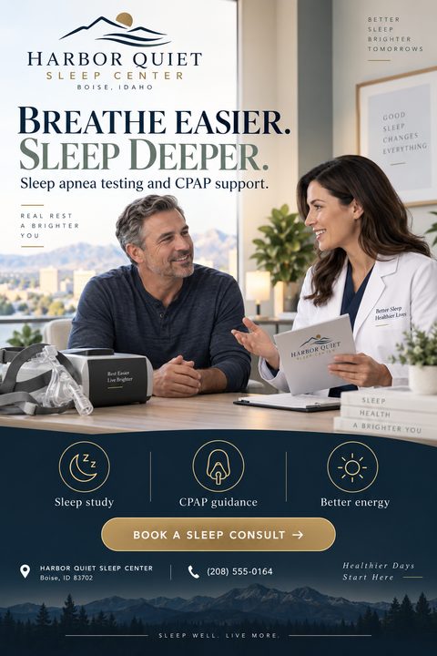 A medical flyer for a sleep center featuring a doctor consulting a male patient with a CPAP machine. The design uses navy blue and gold, with service icons and a mountain silhouette footer.