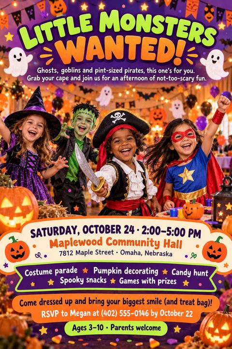 A vibrant Halloween party flyer featuring a photo of four smiling children dressed as a witch, Frankenstein, pirate, and superhero. The design includes orange pumpkins, cute white ghosts, and purple banners.