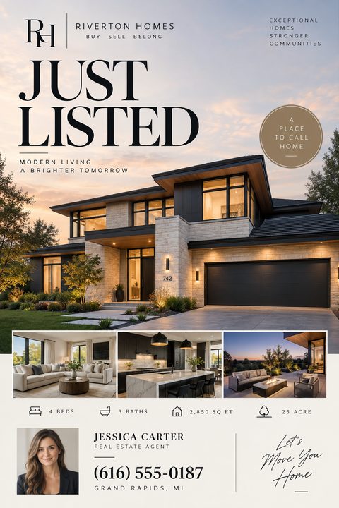 Real estate flyer template with a large photo of a modern house at twilight, three smaller photos of the interior and patio, property details, and agent contact information.