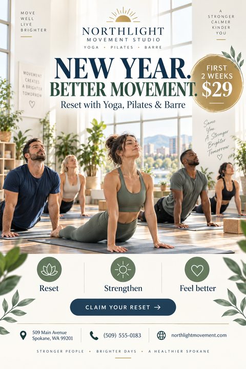 Flyer for Northlight Movement Studio offering a New Year special on yoga, pilates, and barre classes. Features a photo of people doing yoga in a bright studio.