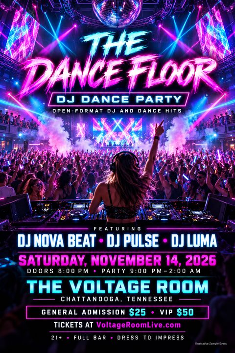 Flyer for 'The Dance Floor DJ Dance Party' featuring a DJ performing for a large crowd in a nightclub with neon pink and blue lighting, a disco ball, and event details.
