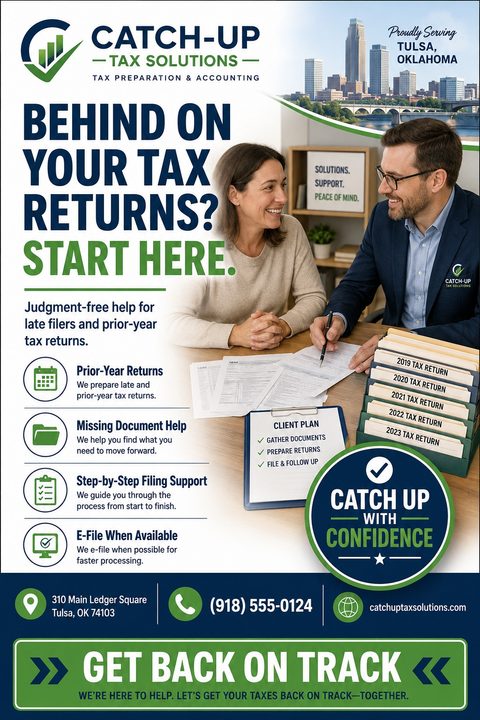 Flyer template for tax preparation services, featuring a photo of a tax professional helping a client, with text 'Behind on your tax returns? Start here.' and a list of services.