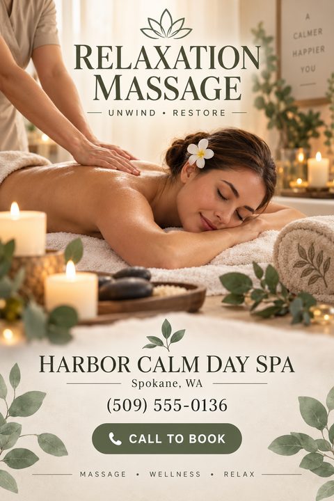 A flyer for a relaxation massage at a day spa. The top half shows a woman receiving a back massage in a candlelit room. The bottom half has the spa name, location, phone number, and a 'Call to Book' button, framed by green leaves.