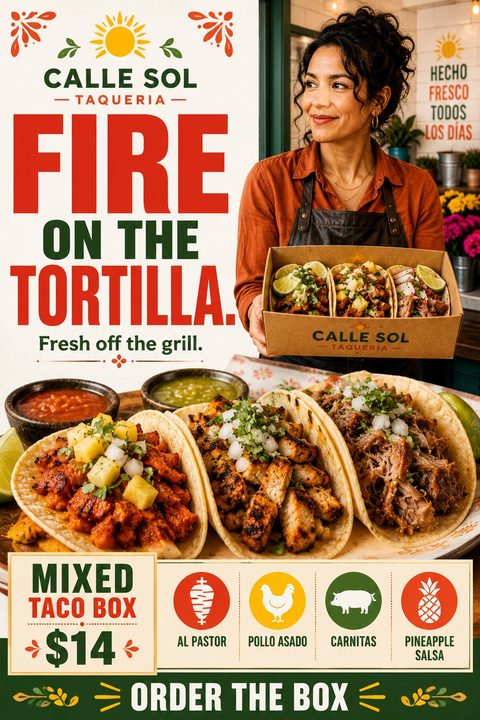 A vibrant taqueria flyer featuring a woman holding a box of tacos, large close-up photos of three different tacos, bold red and green text, and icons for meat choices.