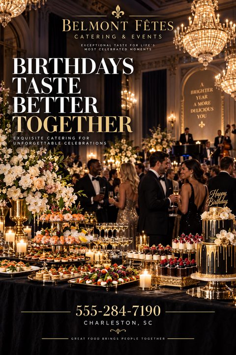 A luxurious event catering flyer featuring a grand ballroom scene with guests in formal wear, a lavish food buffet, and elegant gold typography.