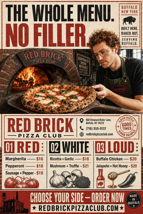 Vintage-style pizza menu flyer with a photo of a chef pulling a pizza from a wood-fired oven. The layout features bold red and black typography on an off-white background, with sections for 'Red', 'White', and 'Loud' pizzas, accompanied by classic.
