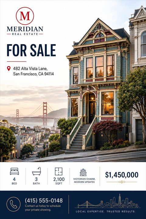 A professional real estate for sale flyer featuring a large photo of a Victorian home, a white sidebar with red accents, property detail icons, and a navy blue footer with contact information.