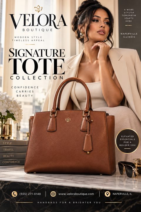 Elegant boutique flyer featuring a large brown leather tote bag in the foreground and a stylish woman in a beige suit in the background. Text reads 'Signature Tote Collection'.